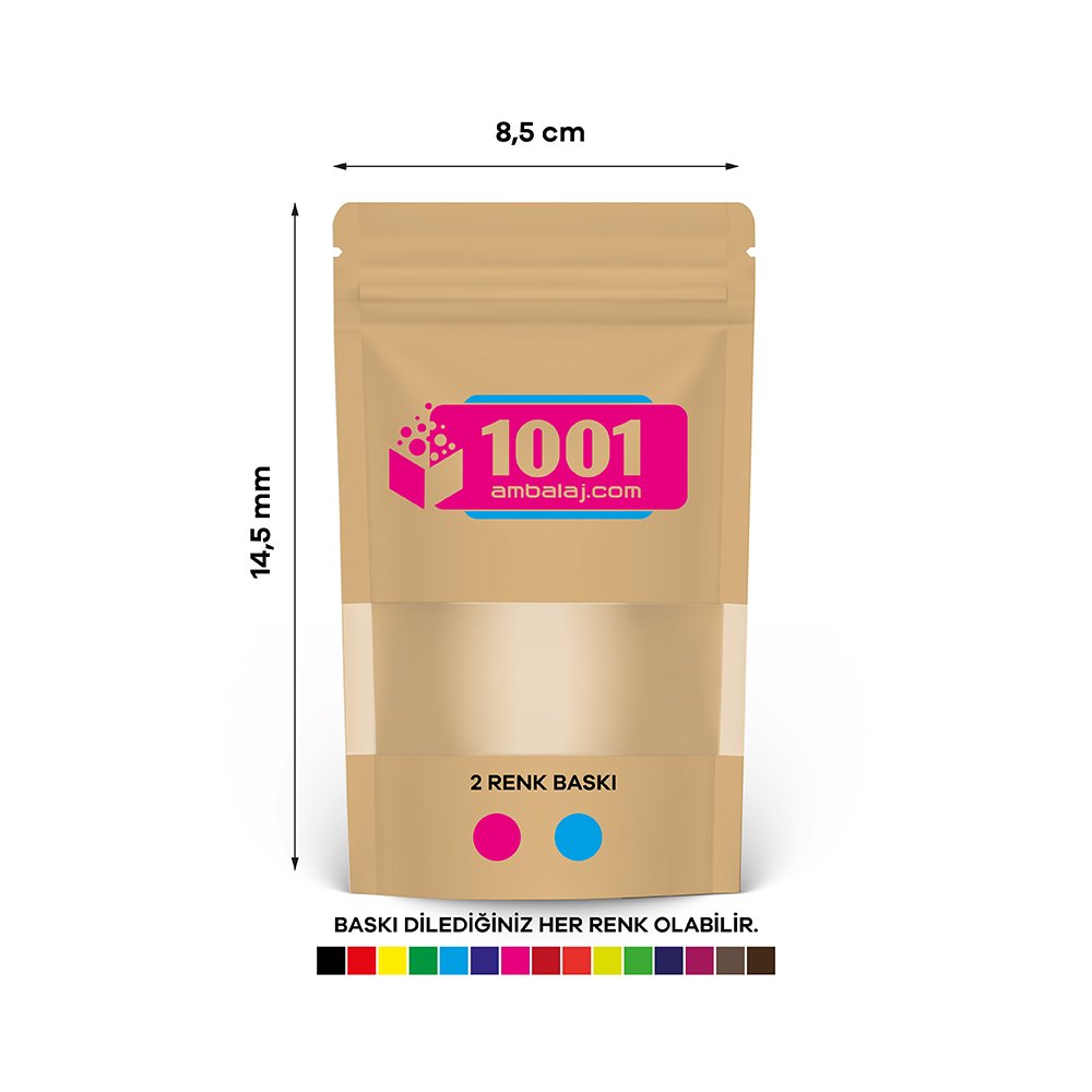 8,5X14,5 Cm 2 Baskılı Kraft Renkli Pencereli Tek Taraf İki Renk Doypack Torba 50 Gr /37/