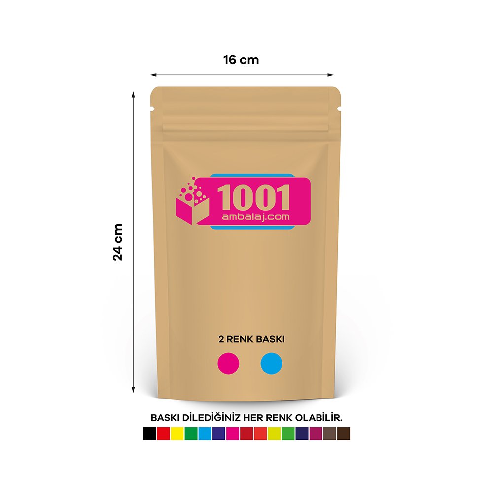 16X24 Cm 2 Baskılı Kraft Renkli Tek Taraf İki Renk Doypack Torba 370 Gr /32/
