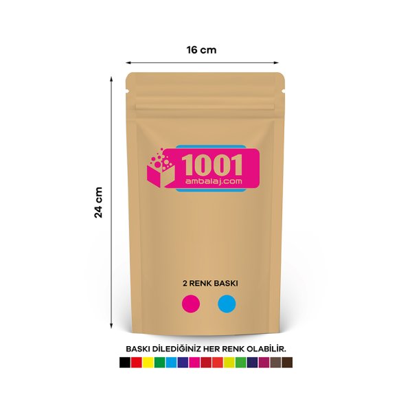 16X24 Cm 2 Baskılı Kraft Renkli Tek Taraf İki Renk Doypack Torba 370 Gr /32/