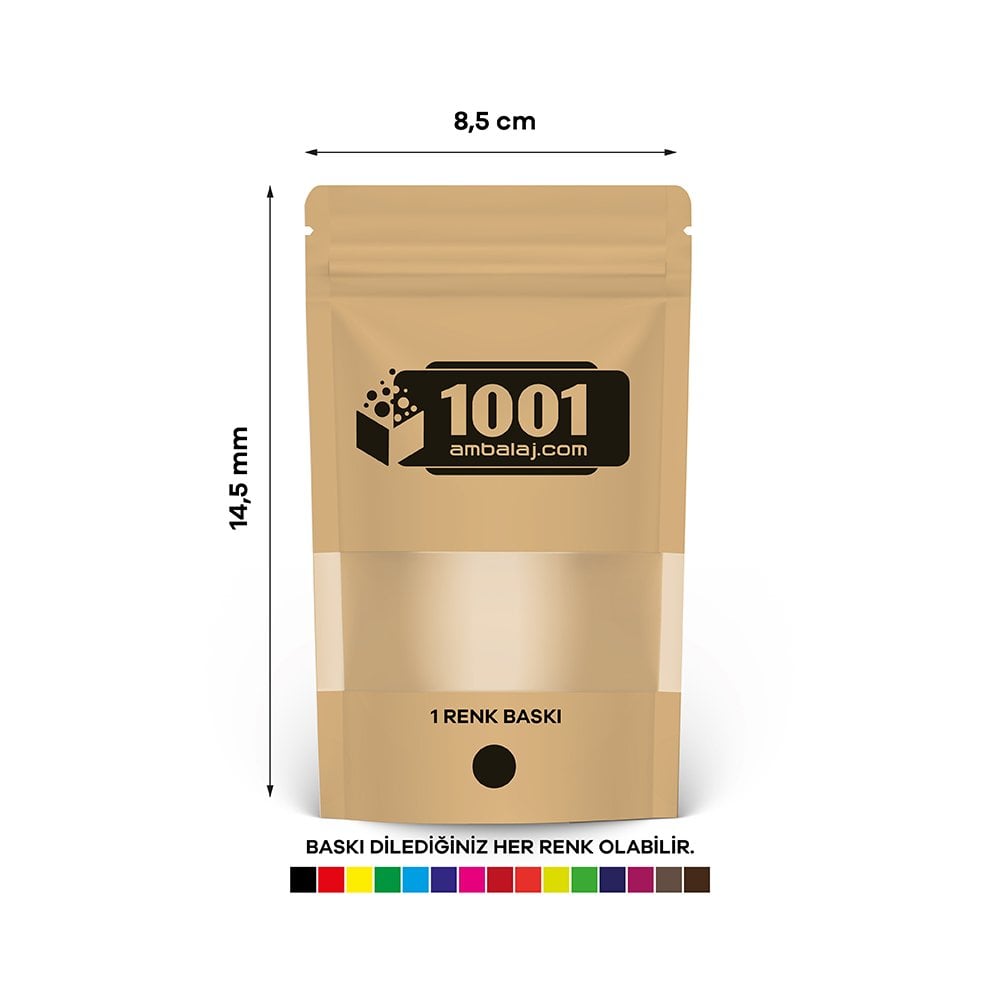 8,5X14,5 Cm 1 Baskılı Kraft Renkli Pencereli Tek Taraf Tek Renk Doypack Torba 50 Gr /37/