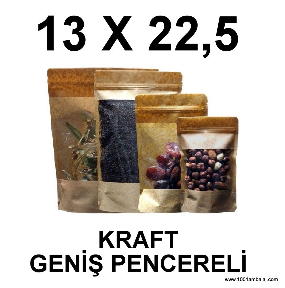 13X22,5 Cm Kraft Renk Doypack Torba Geniş Pencereli /45/
