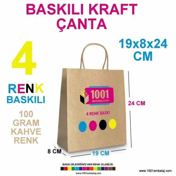 4 Renk Baskılı 19X8X24 Cm 100 Gr Kraft kağıt Çanta Kahve Renk