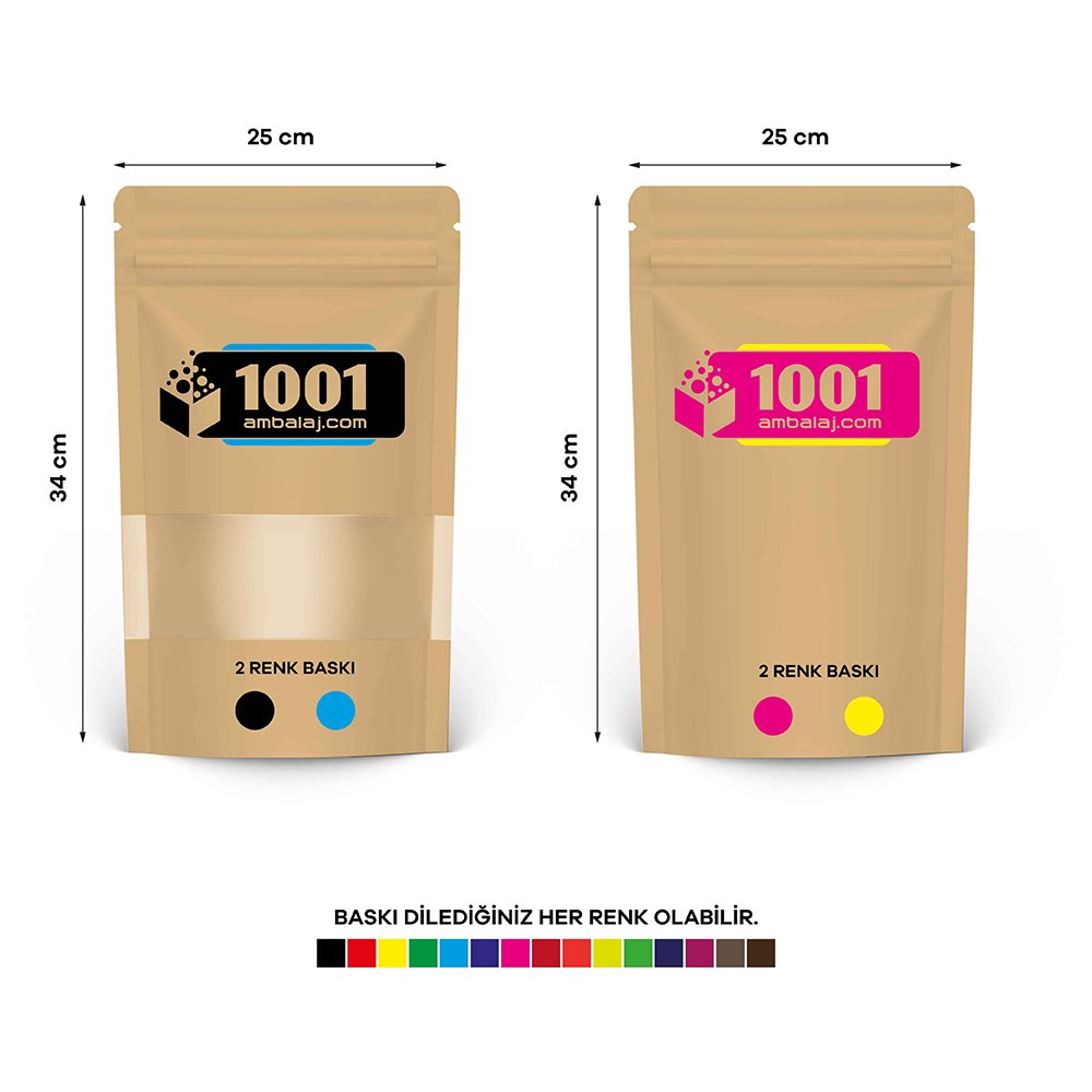 25X34 Cm 4 Baskılı Kraft Renkli Pencereli İki Taraf İki Renk Doypack Torba 1500 Gr /43/