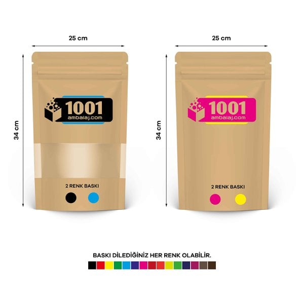 25X34 Cm 4 Baskılı Kraft Renkli Pencereli İki Taraf İki Renk Doypack Torba 1500 Gr /43/