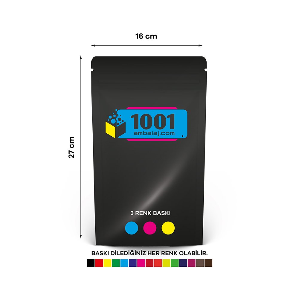 16X27 Cm 3 Baskılı Siyah Renkli Tek Taraf Üç Renk Doypack Torba 500 Gr /64/