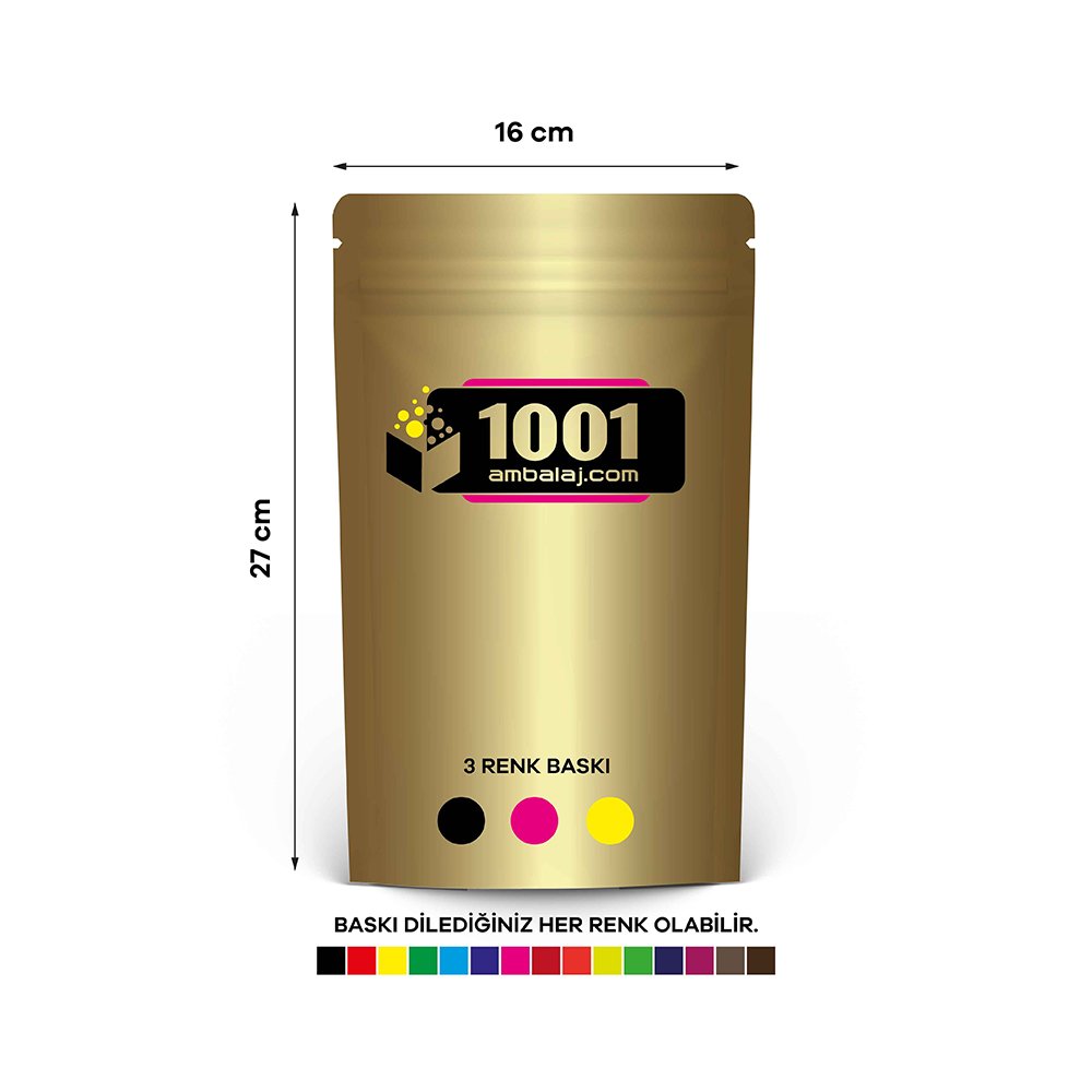 16X27 Cm 3 Baskılı Gold ( Altın ) Renkli Tek Taraf Üç Renk Doypack Torba 500 Gr /23/