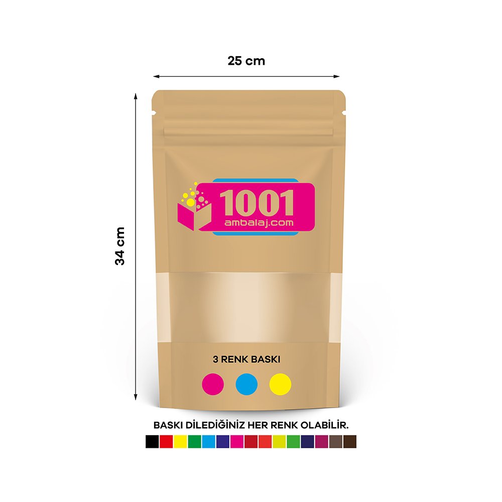 25X34 Cm 3 Baskılı Kraft Renkli Pencereli Tek Taraf Üç Renk Doypack Torba 1500 Gr /43/