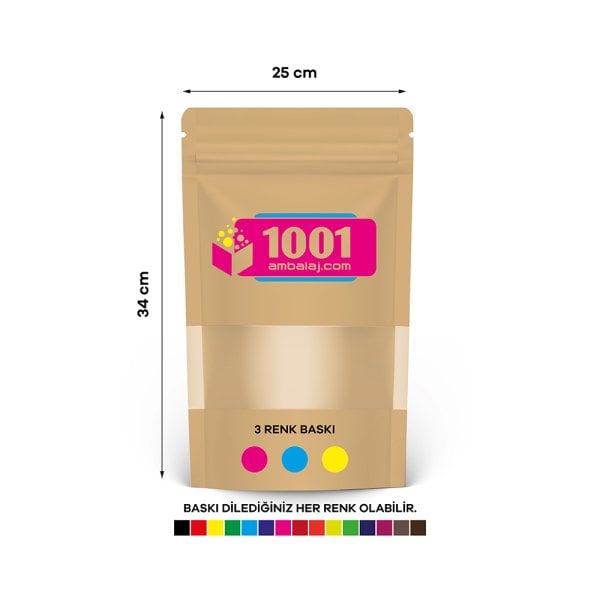 25X34 Cm 3 Baskılı Kraft Renkli Pencereli Tek Taraf Üç Renk Doypack Torba 1500 Gr /43/