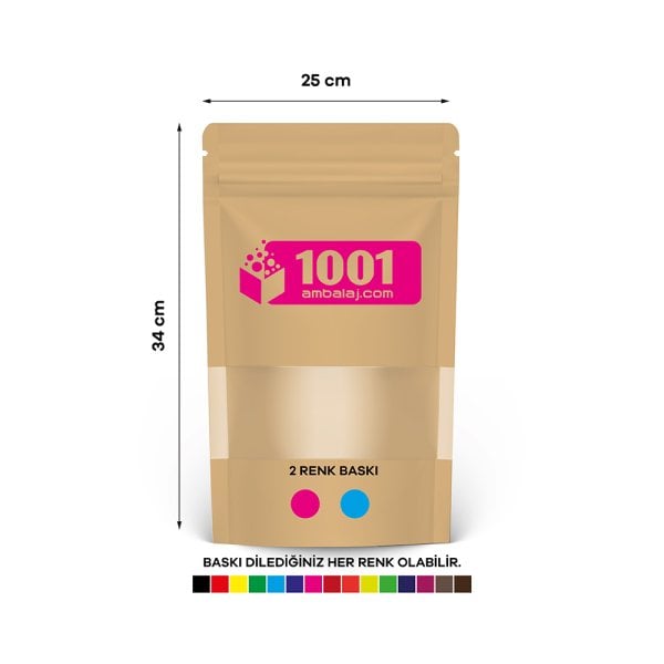 25X34 Cm 2 Baskılı Kraft Renkli Pencereli Tek Taraf İki Renk Doypack Torba 1500 Gr /43/