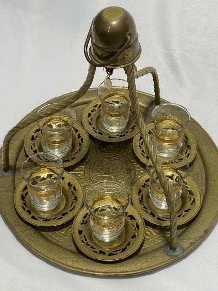 Bakır İşlemeli Çay Askı Ve Bardak Takimi 6 Adet Bardak + Tabak + Tepsi Aoa Ölçü 34X30Cm