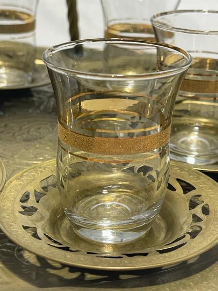 Bakır İşlemeli Çay Askı Ve Bardak Takimi 6 Adet Bardak + Tabak + Tepsi Aoa Ölçü 34X30Cm