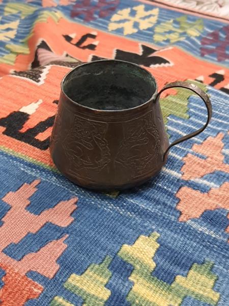 Eski Bakır Ağır İşlemeli Ayran Bardagi Aoa Ölçü 11Cm Çap 9Cm Yüksekliği