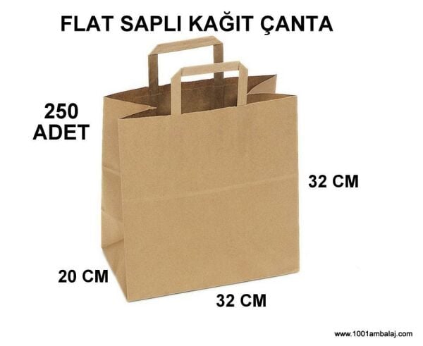 Kraft Çanta 32X20X32 Cm Dişi Kraft İçi Kraft Sapi Kraft Flat 80 Gram (1 Koli 250 Adet)