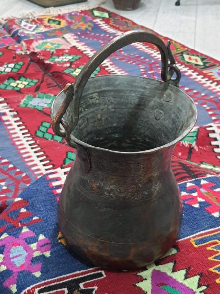 Osmanlı Ağır İşlemeli Yazili Bakrac Aoa Ölçü 20Cm Çapi 33Cm Kulp Dahil Yüksekliği