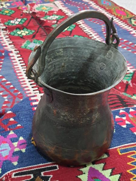 Osmanlı Ağır İşlemeli Yazili Bakrac Aoa Ölçü 20Cm Çapi 33Cm Kulp Dahil Yüksekliği