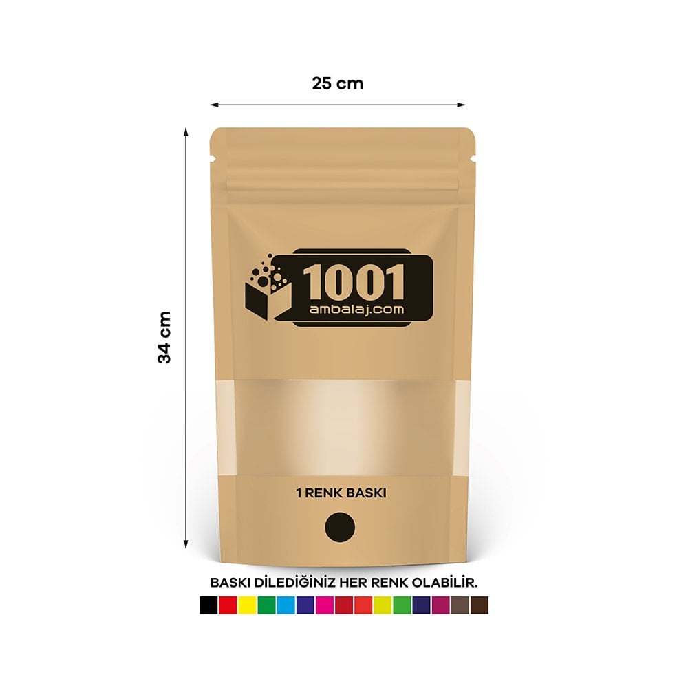 25X34 Cm 1 Baskılı Kraft Renkli Pencereli Tek Taraf Tek Renk Doypack Torba 1500 Gr /43/