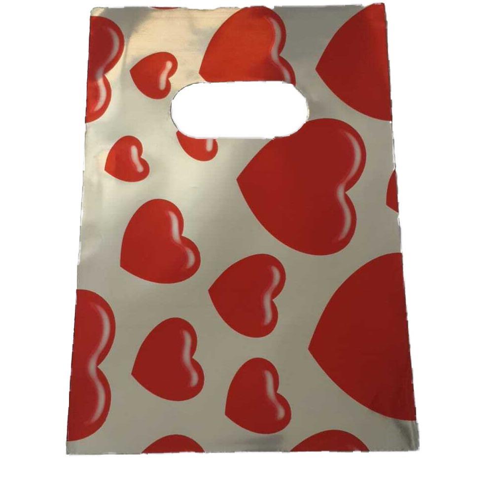 Hediyelik Mini Poşet 10X15 Cm Metalik Kalp Desenli 50 Adet