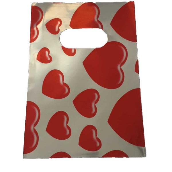 Hediyelik Mini Poşet 10X15 Cm Metalik Kalp Desenli 50 Adet