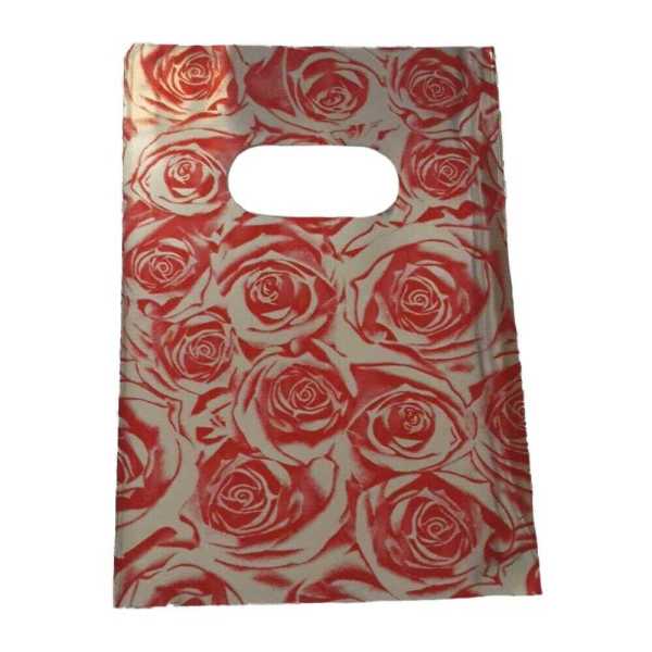 Hediyelik Mini Poşet 10X15 Cm Metalik Gül Desenlii 50 Adet