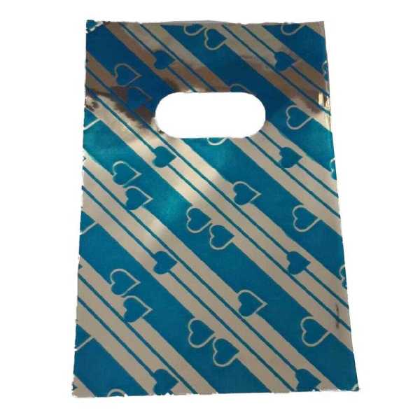 Hediyelik Mini Poşet 10X15 Cm Metalik Çizgili Kalplii 50 Adet