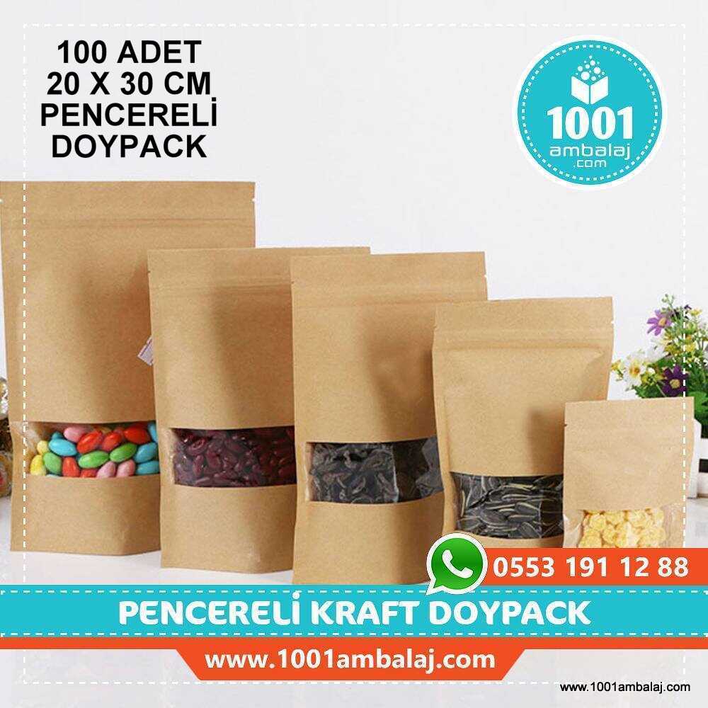 20X30 Cm Kraft Pencereli 100 Adet Kilitli Doypack Torba 1000 Gr /42/