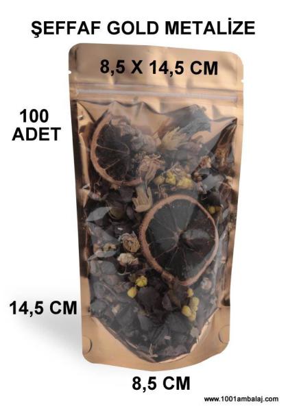 8,5X14,5 Cm Ön Şeffaf Arka Gold Metalize Renk (100 Adet) Kilitli Doypack Torba 50 Gr /48/