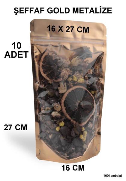 16X27 Cm Ön Şeffaf Arka Gold Metalize Renk ** 10 Adet ** Kilitli Doypack Torba 500 Gr /51/