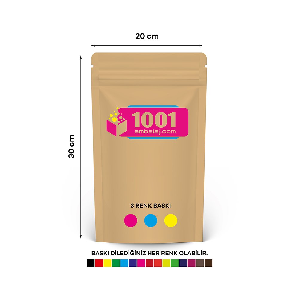 20X30 Cm 3 Baskılı Kraft Renkli Tek Taraf Üç Renk Doypack Torba 1000 Gr /35/
