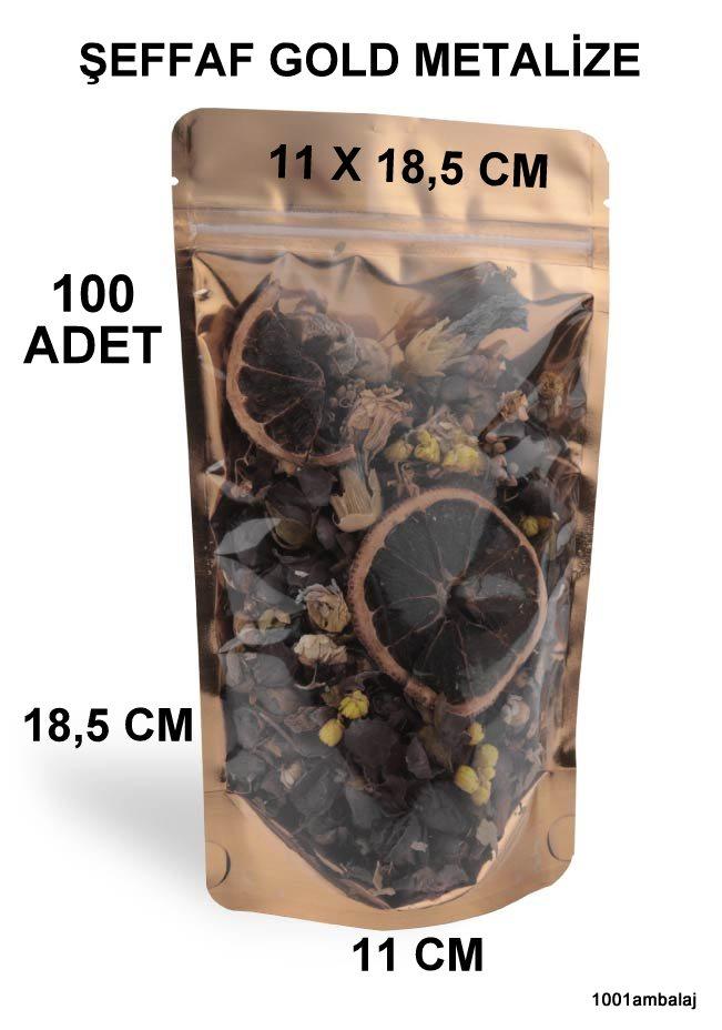 11X18,5 Cm Ön Şeffaf Arka Gold Metalize Renk (100 Adet) Kilitli Doypack Torba 100 Gr /49/