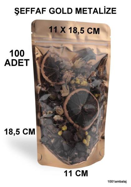 11X18,5 Cm Ön Şeffaf Arka Gold Metalize Renk (100 Adet) Kilitli Doypack Torba 100 Gr /49/
