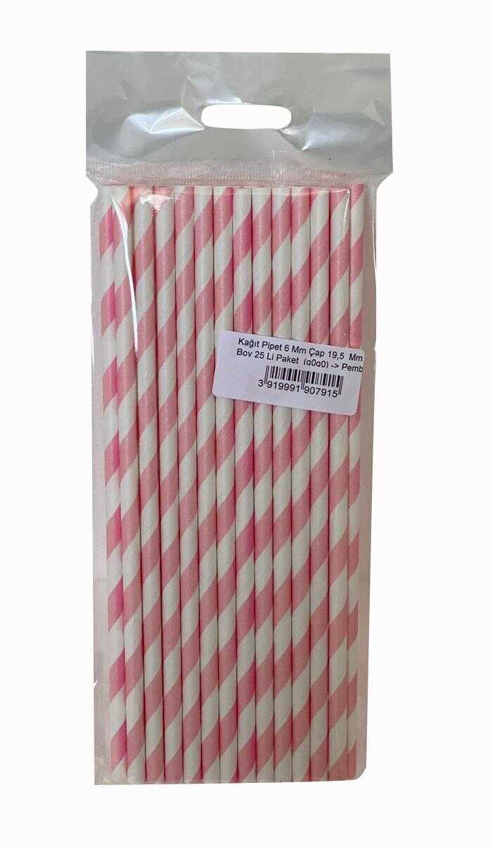 kağıt Pipet 6 Mm 19,5 Cm Boy 25 Li Paket Pembe Beyaz 1 Paket