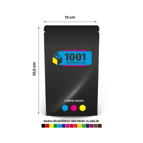 13X22,5 Cm 3 Baskılı Siyah Renkli Tek Taraf Üç Renk Doypack Torba 250 Gr /63/