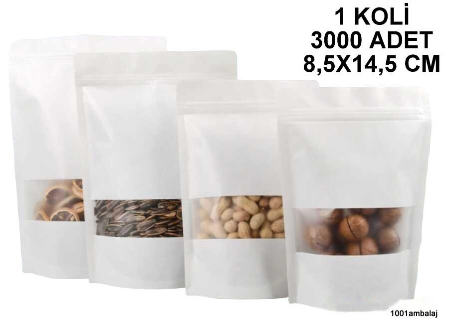 8,5X14,5 Cm Beyaz Renk Pencereli (1 Koli 3000 Adet) Kilitli Doypack Torba 50 Gr /08/