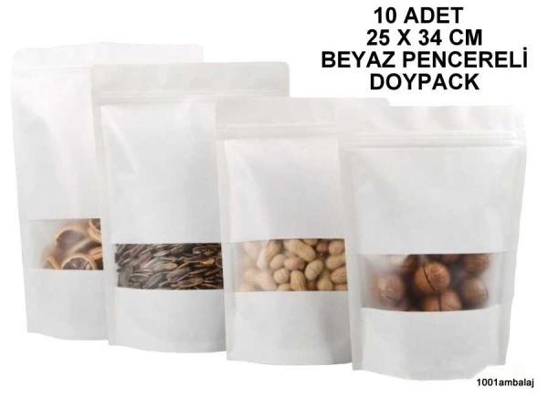 25X34 Cm Beyaz Renk Pencereli ** 10 Adet ** Kilitli Doypack Torba 1500 Gr /14/