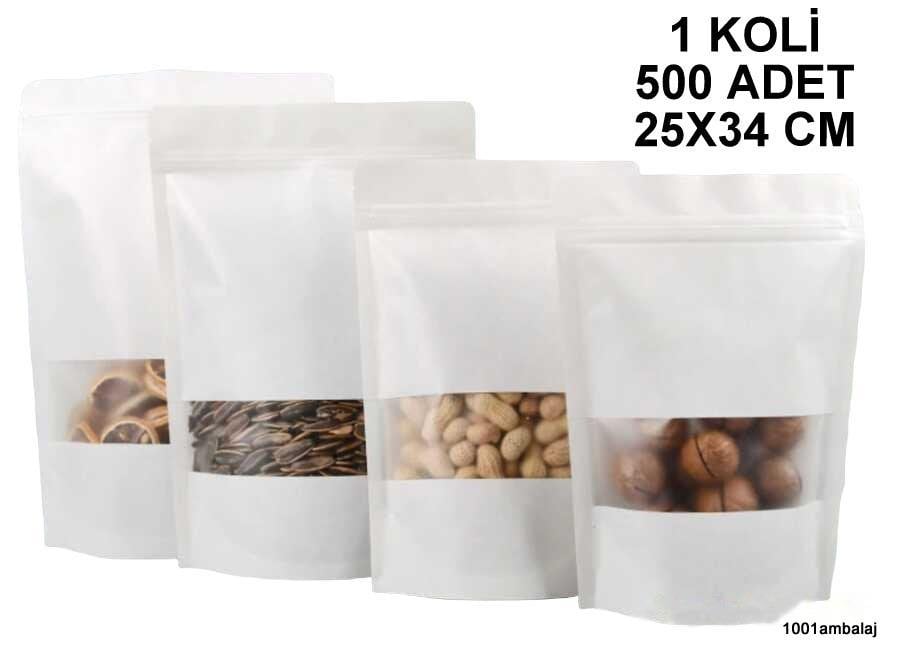 25X34 Cm Beyaz Renk Pencereli (1 Koli 500 Adet) Kilitli Doypack Torba 1500 Gr /14/