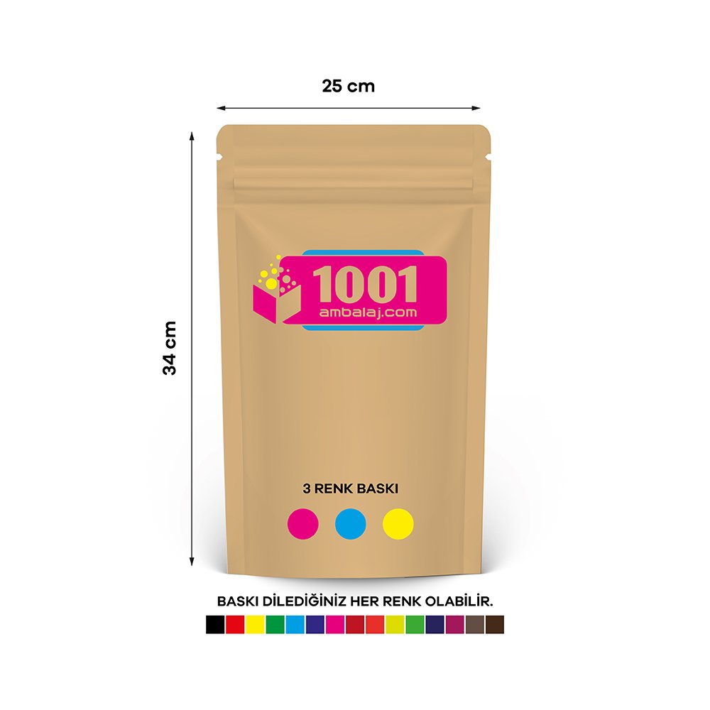 25X34 Cm 3 Baskılı Kraft Renkli Tek Taraf Üç Renk Doypack Torba 1500 Gr /36/