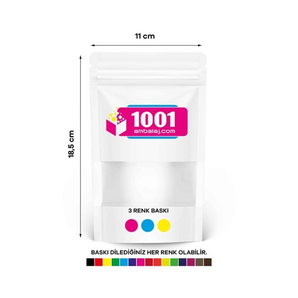 11X18,5 Cm 3 Baskılı Beyaz Renkli Pencereli Tek Taraf Üç Renk Doypack Torba 100 Gr /09/