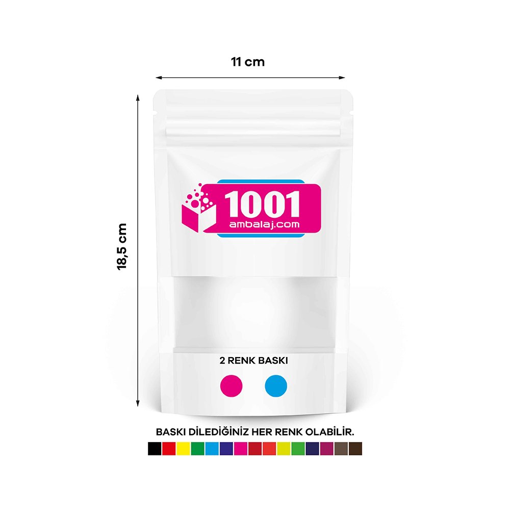 11X18,5 Cm 2 Baskılı Beyaz Renkli Pencereli Tek Taraf İki Renk Doypack Torba 100 Gr /09/