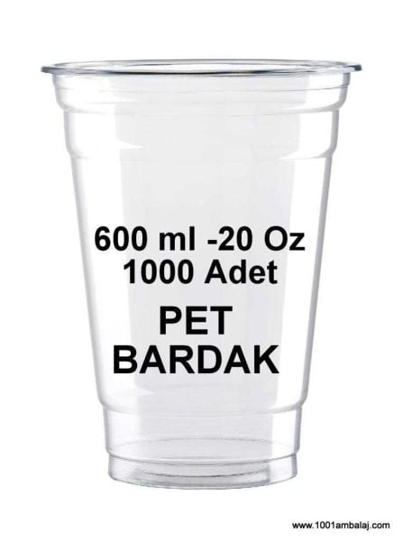 Pet Bardak 600 Ml 20 Oz 95 Çap 1 Koli 1000 Adet Şeffaf 1001 Ambalaj