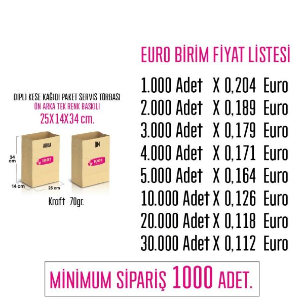 İki Taraf Tek Renk Baskılı 25X14X34 Cm Kese Kağıdı Fast Food Menu Servis Paket Torbası Kraft Renk