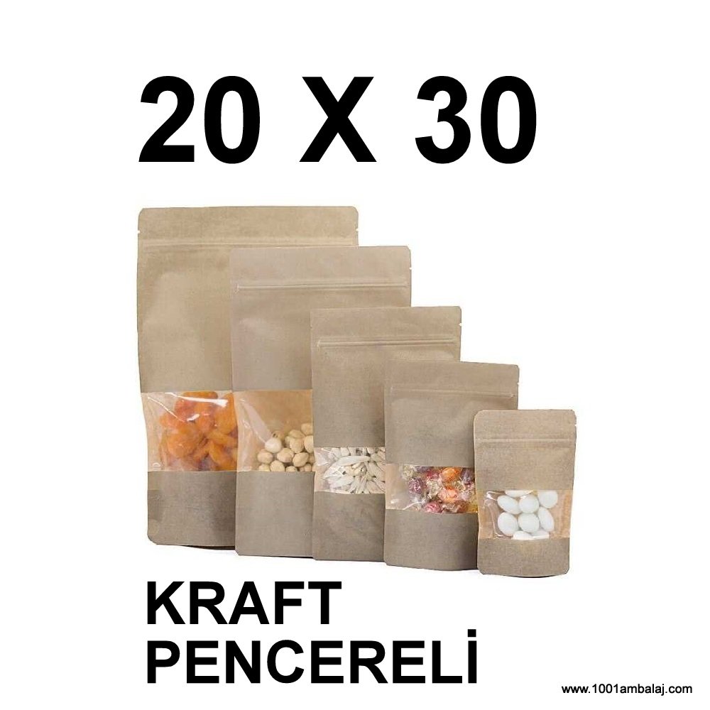 20X30 Cm Kraft Renk Doypack Torba Pencereli /42/