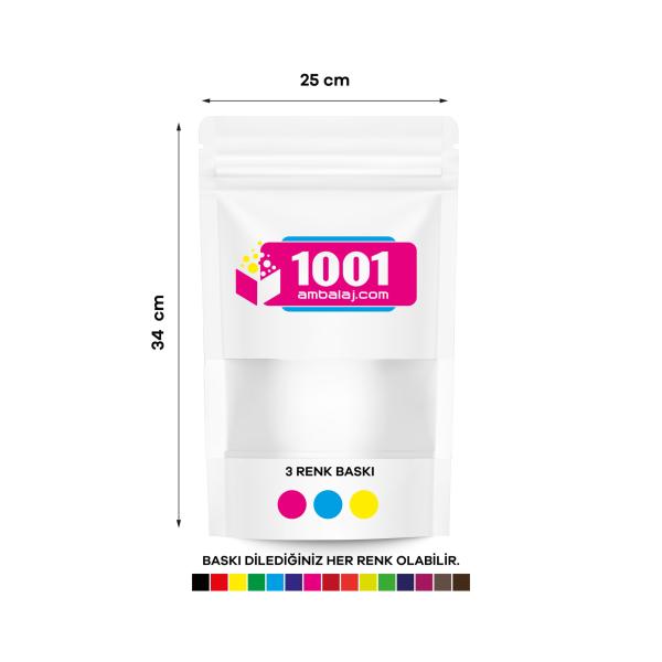 25X34 Cm 3 Baskılı Beyaz Renkli Pencereli Tek Taraf Üç Renk Doypack Torba 1500 Gr /14/