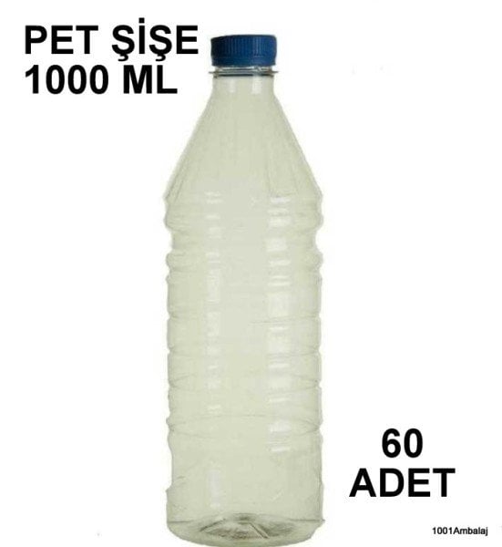 Pet Şişe 1000 Ml Plastik Kilitli kapaklı Şeffaf Yuvarlak Tabanli 60 Adet