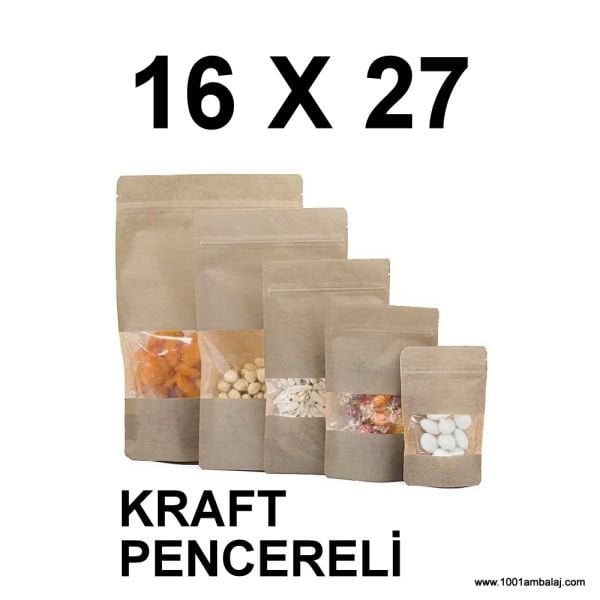 16X27 Cm Kraft Renk Doypack Torba Pencereli /40/