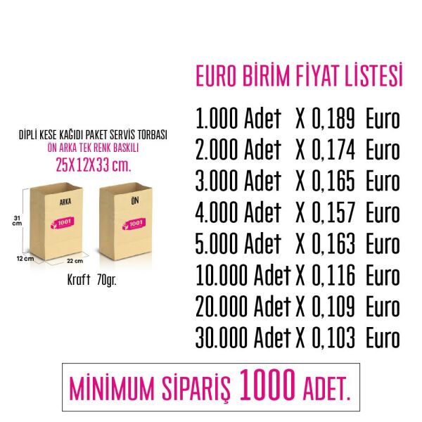 İki Taraf Tek Renk Baskılı 25X12X33 Cm Kese Kağıdı Fast Food Menu Servis Paket Torbası Kraft Renk