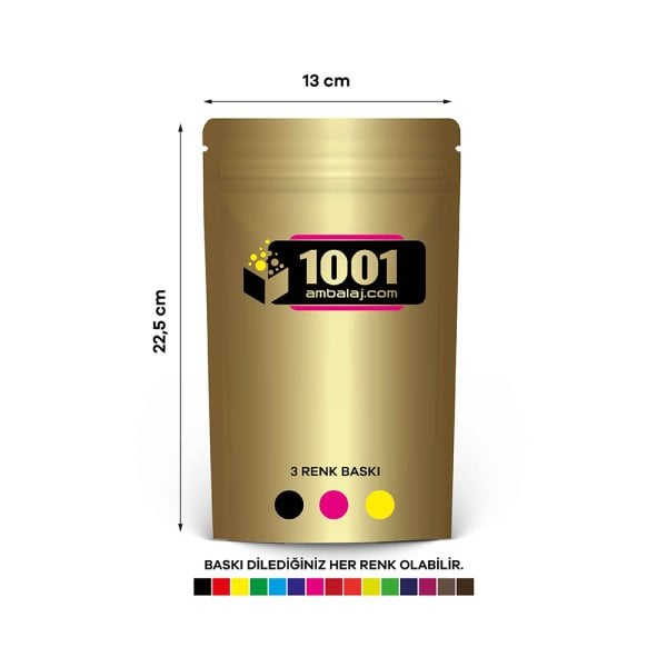 13X22,5 Cm 3 Baskılı Gold ( Altın ) Renkli Tek Taraf Üç Renk Doypack Torba 250 Gr /22/
