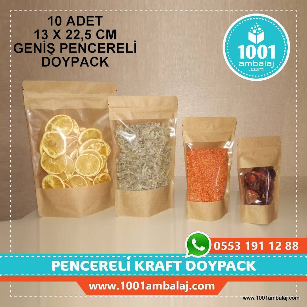 13X22,5 Cm Kraft Geniş Pencereli * 10 Adet * Kilitli Doypack Torba 250 Gr /45/