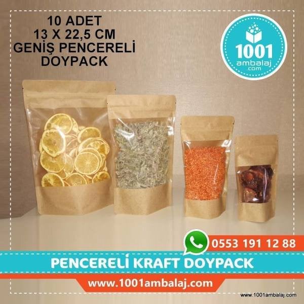 13X22,5 Cm Kraft Geniş Pencereli * 10 Adet * Kilitli Doypack Torba 250 Gr /45/