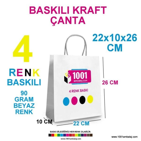 4 Renk Baskılı 22X10X26 Cm 90 Gr Kraft kağıt Çanta Beyaz Renk