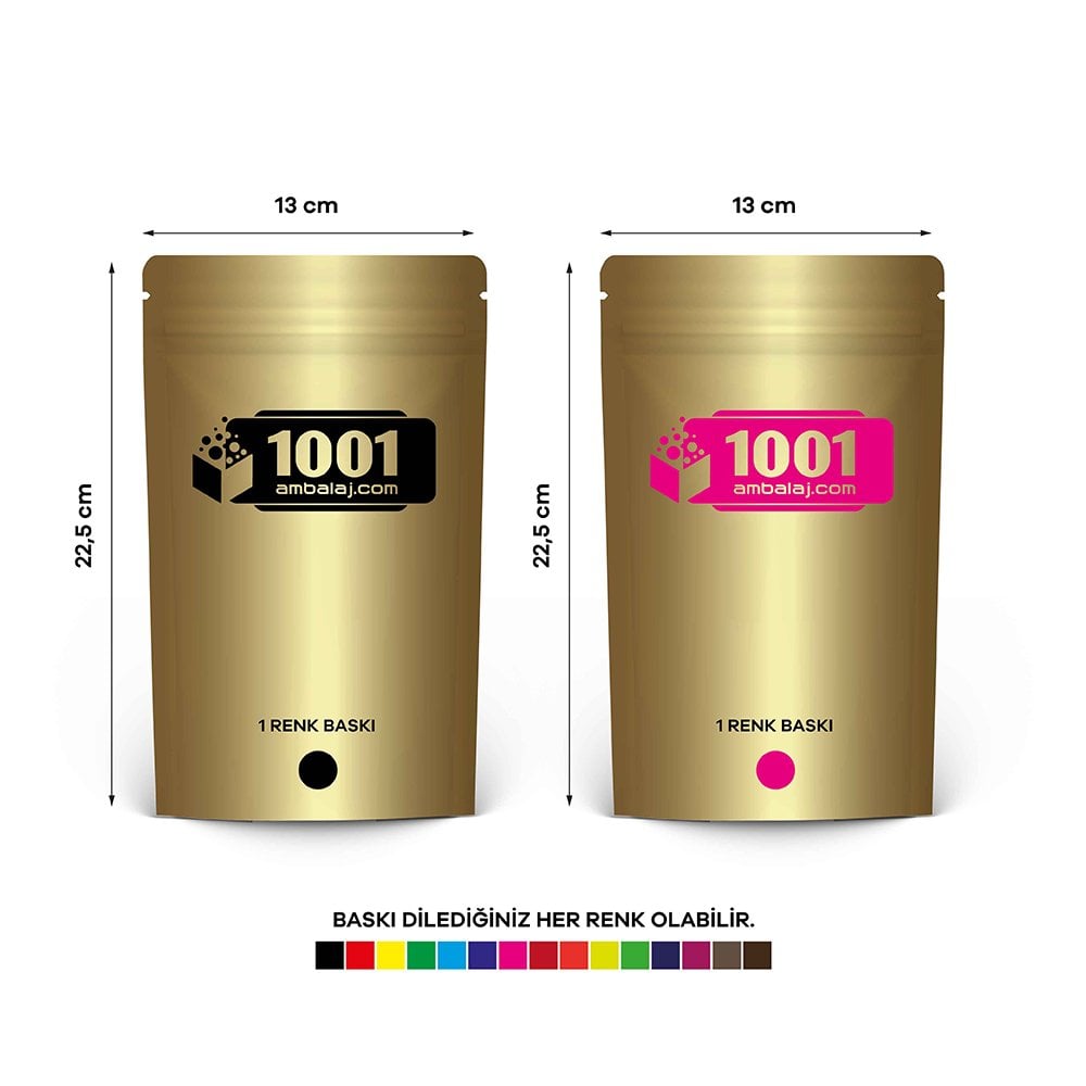 13X22,5 Cm 2 Baskılı Gold ( Altın ) Renkli İki Taraf Tek Renk Doypack Torba 250 Gr /22/